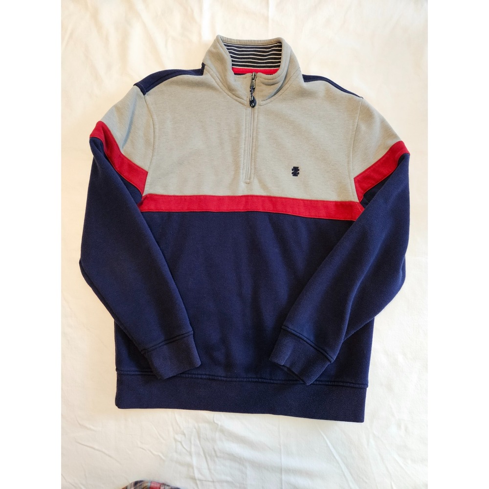 IZOD Mens Quarter Zip Pullover Sweatshirt Light Gray Navy Red Colorblock Small